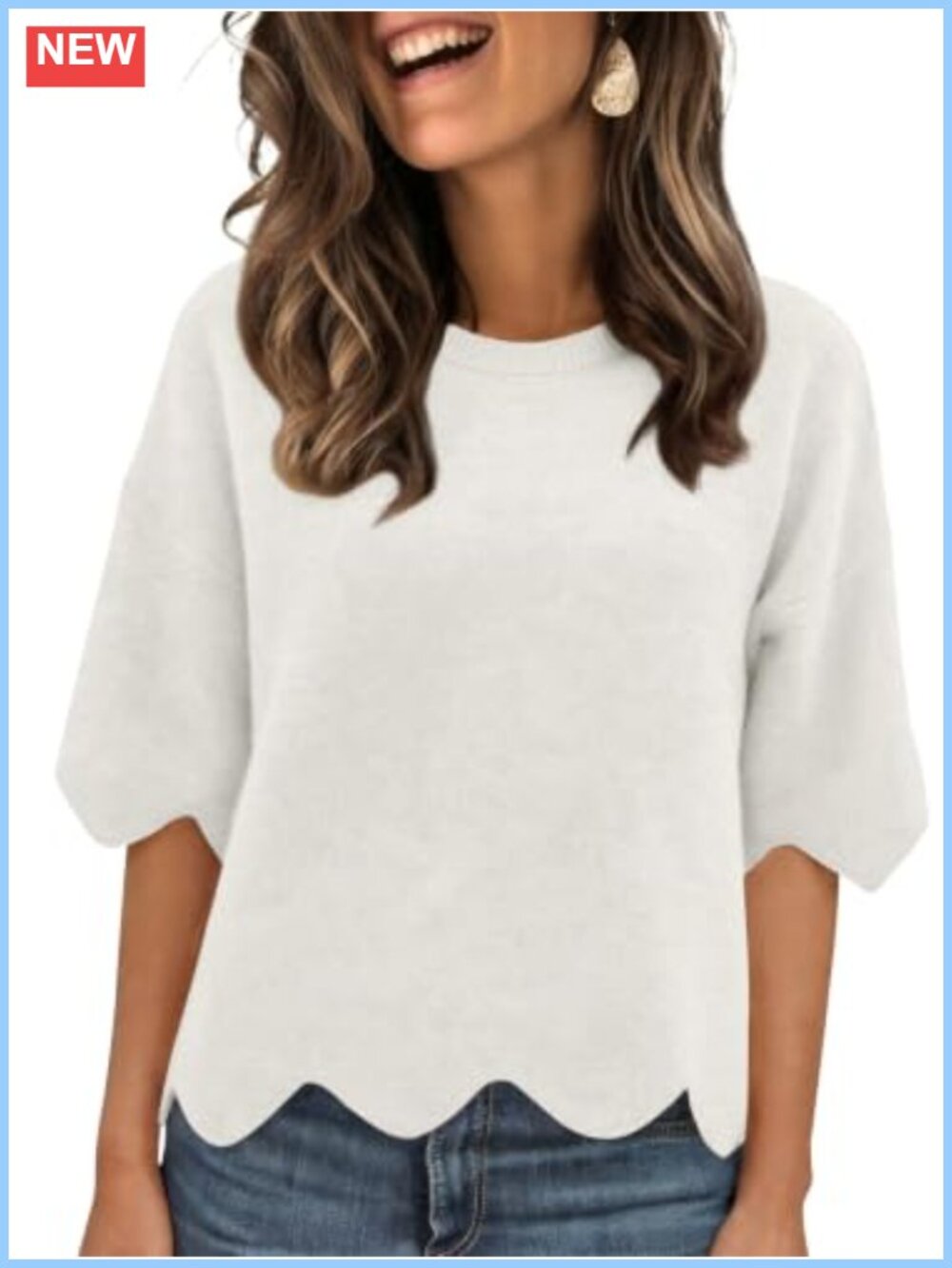 Women's Scalloped Cropped Short Sleeve Sweater - Knit Pullover Top